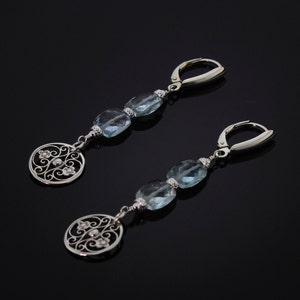 Aquamarine Dangle Earrings w/ Sterling Silver Filigree Charms & Leverbacks,  Natural Genuine Aquamarine  March Birthstone  19th Anniversary