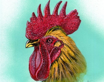 May include: A detailed watercolor painting of a rooster's head and neck. The rooster has a vibrant red comb and wattle, yellow and brown feathers, and a yellow beak. The background is a soft, light teal color. Signed "Tim Torres '22".