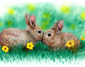 Impresión de arte de conejitos en la hierba