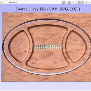 May include: A wooden football-shaped tray file with three sections and a white line detail. The text "Football Tray File (CRV, SVG, DXF)" is at the top. The tray has a light brown, wood-grain appearance.