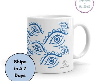 Evil Eye Pattern Mug, hamsa, mal de ojo, turkish kem göz, nazar arabic, diavolikó máti, greek mug, arab mug, hand of fatima, protection love