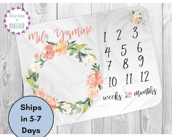 Floral Baby Milestone Blanket - Personalized Baby Blanket - Peach Baby Milestone Blanket - Baby Blanket - Baby Girl Photo Prop - Customized