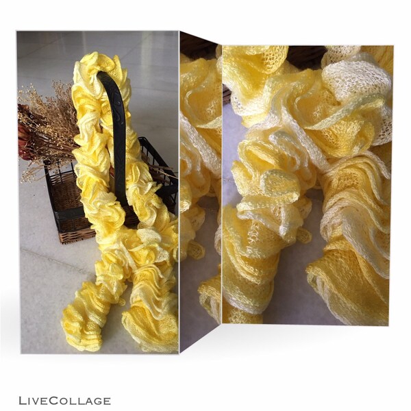 Bright sunshine yellow ruffle scarf made with sashay yarn.