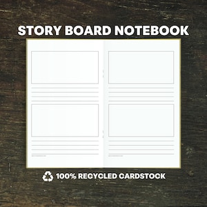 May include: Open storyboard notebook with the text "STORY BOARD NOTEBOOK" at the top. The notebook has four blank panels with horizontal lines below each panel. The bottom of the notebook reads "100% RECYCLED CARDSTOCK". The notebook is on a dark wood surface.