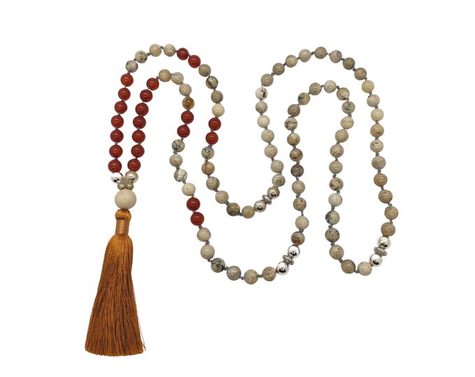 unisex tassel necklace meditation necklace Protection mala necklace African opal gemstone beads 108 mala beads mindfulness gift