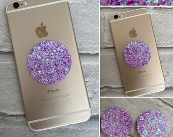 Sparkly pastel purple resin expanding phone grip, mobile phone grip, resin phone grip, phone holder, mobile phone accessory.