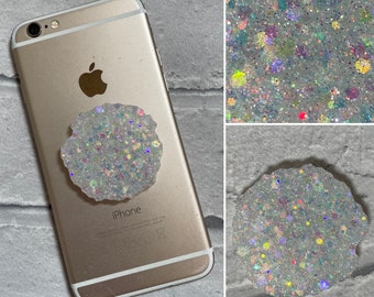 Sparkly white resin expanding phone grip, mobile phone grip, resin phone grip, phone holder, mobile phone accessory.