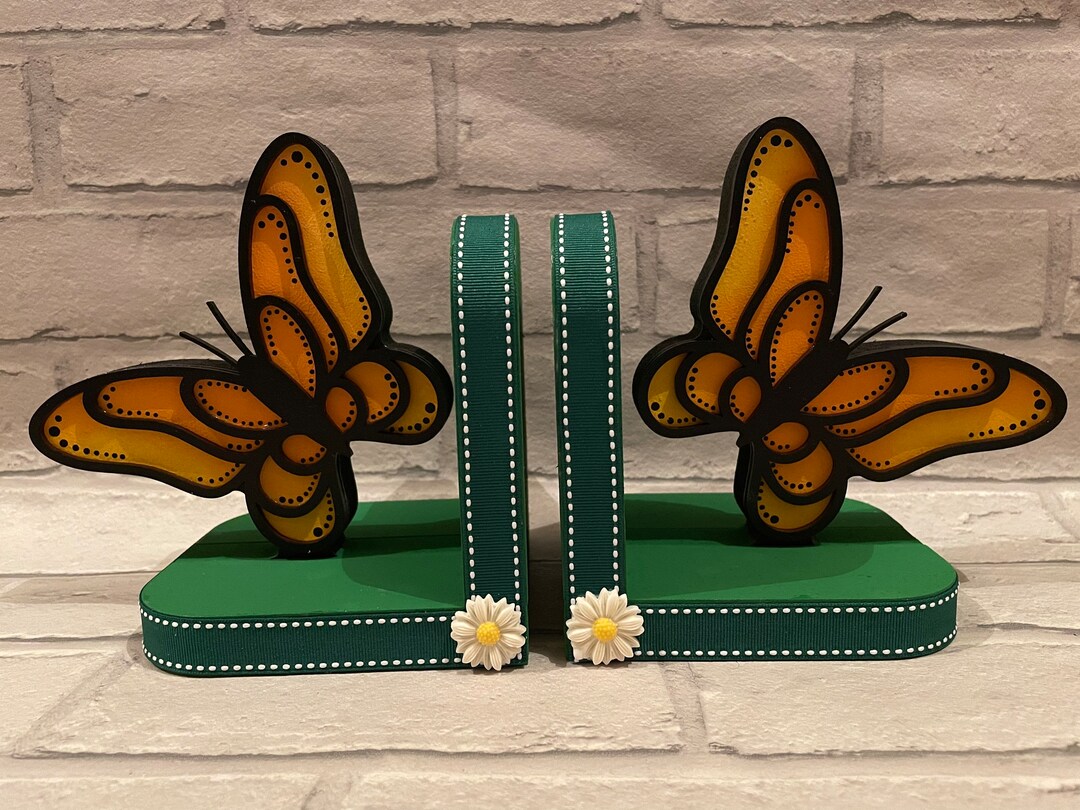 Tebeau Pink Butterfly Daisy Print Wood Bookends For Shelves,Bookends
