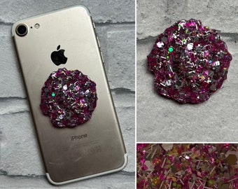 Sparkly pink and silver resin expanding phone grip, mobile phone grip, resin phone grip, phone holder, mobile phone accessory, kindle grip