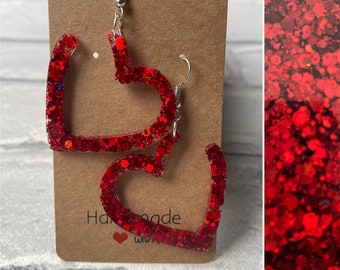 Sparkly red glitter resin heart shaped earrings, dangly earrings, heart dangling earrings, heart earrings, resin earrings, valentines gift