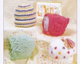 Assorted Baby Hats Knitting Pattern. Peter Gregory 7175. Newborn to 2 years, bonnet pattern.