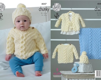 KNITTING PATTERN Baby Cable Cardigan /& Hat 3ply King Cole 5584
