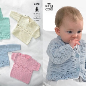 Baby Cardigan, Hooded Gilet , Long & Short Sleeved Sweaters Crochet Pattern ,  King Cole 3478 ,baby crochet