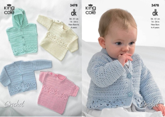Baby Cardigan Hooded Gilet Long Short Sleeved Sweaters Crochet Pattern King Cole 3478 baby Crochet Etsy Canada
