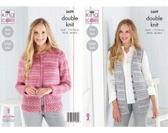 Easy Lace Ladies Cardigan and Waistcoat DK Knitting Pattern, King Cole 5609.