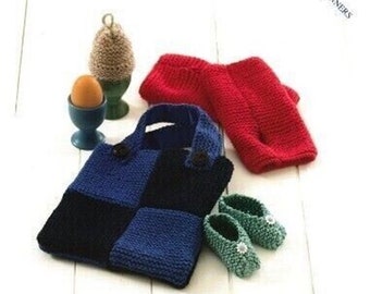 Easy Knit Baby Shoes, Egg Cosy, Wrist Warmers and Bag in DK Knitting Pattern, UKHKA153 , easy knits, beginners pattern