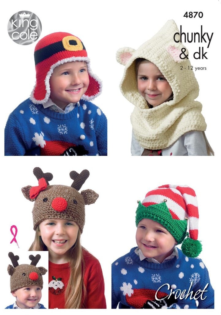 King Cole Novelty Christmas Hats Crochet Pattern 4870 - Chunky & DK King Cole Novelty Christmas Hats Crochet Pattern 4870 - Chunky & DK