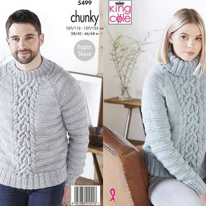 Ladies and Mens Chunky Sweater Knitting Pattern ,King Cole  5499 cable  patterned sweater , winter knit, polo necked sweater, crew neck