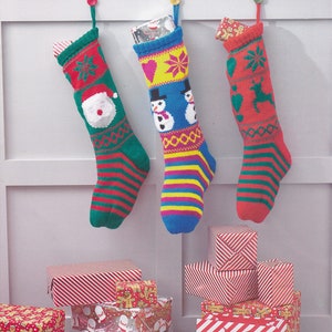 Santa, Snowman and Reindeer Stockings knitting pattern. James C Brett 811 . Worked in Top Value DK.