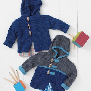Baby Boy's Duffle Coat Knitting Pattern in DK , Sirdar 4936 to fit birth to 3 years,  moss stitch jacket, boys jacket, duffle coat