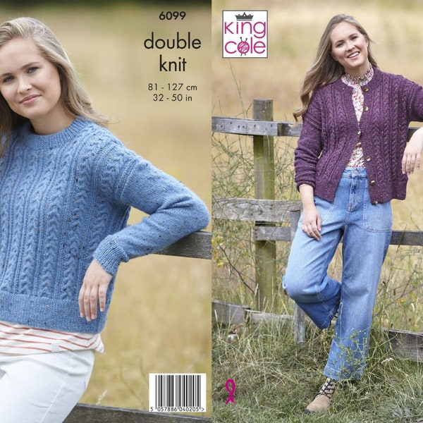 Ladies Sweater and Cardigan Knitting Pattern in DK, King Cole 6099 , cable knit