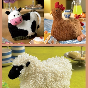 Farm House Tea Cosies Knitting Pattern . King Cole 9003 , Cow ,Hen and Sheep cosies, DK , tea pot warmer,