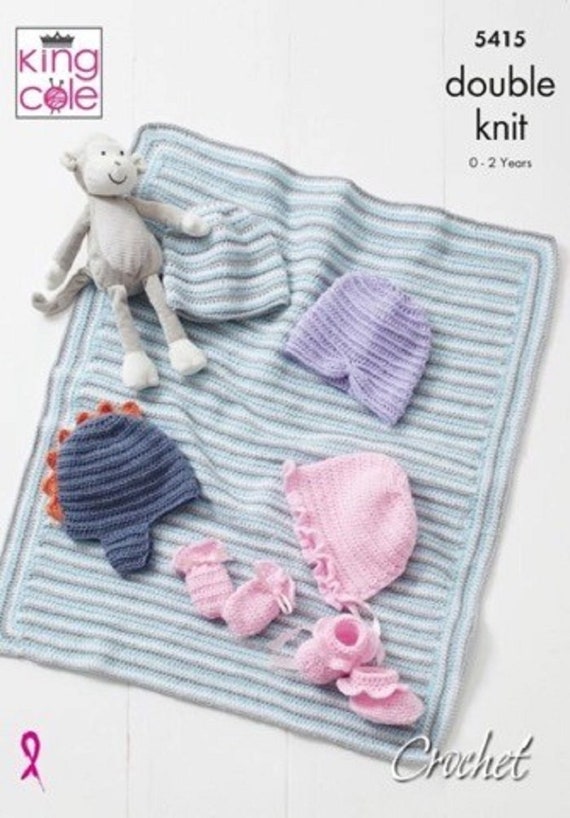 King Cole Baby Hat, Mitts, Bootees & Blanket Crochet Pattern 5415 - Double Knit King Cole Baby Hat, Mitts, Bootees & Blanket Crochet Pattern 5415 - Double Knit