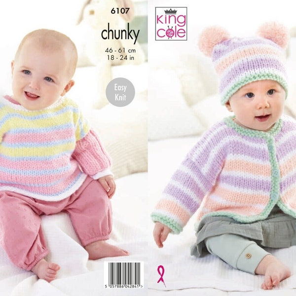Baby Cardigan ,Hat and Top Knitting Pattern  in King Cole Chunky , King Cole 6107, 18-24 inches,