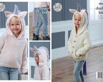 Girls Unicorn Sweater and Cardigan Hoodi Knitting Pattern n Comfort DK. King Cole 5036 Knitting Pattern