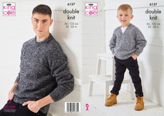 King Cole Child's & Men's Sweater Knitting Pattern 6137 - Double knit King Cole Child's & Men's Sweater Knitting Pattern 6137 - Double knit