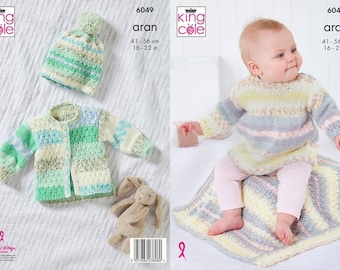 Baby Dress, Jacket, Hat and Blanket  Knitting Pattern In King Cole Cosy Love Aran. king Cole 6049