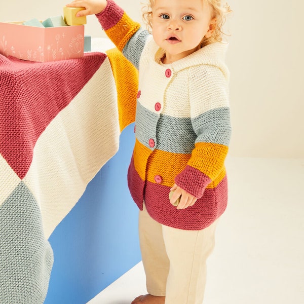 Colour Block Hooded Baby Duffle Coat and Blanket Knitting Pattern in Snuggly DK, Sirdar 5492.