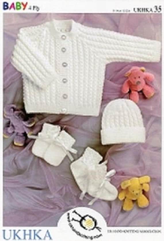 4 Ply Pattern Jacket Hat Mittens Bootees Wool Premature To 2 Yrs 31-56 cm