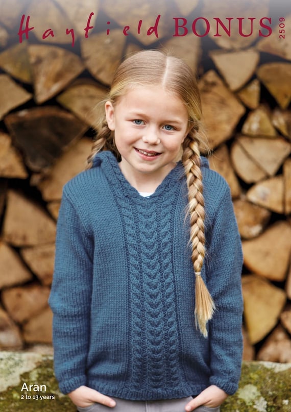 Girls Hooded Sweater Knitting Pattern hayfield 2509 in Hayfield