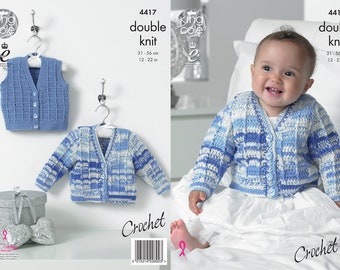 Baby Cardigan and Waistcoat  Crochet Pattern in King Cole Cherish DK  ,  King Cole 4417