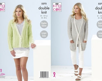 Ladies Cardigans DK Knitting Pattern , King Cole  5375, long or short cardigan, cable detail cardigan, cardigan with pockets