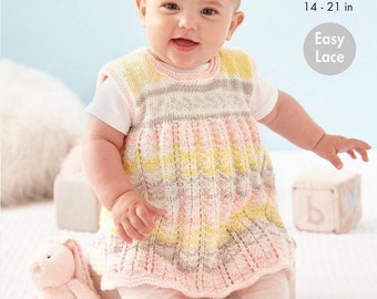 Dress, Cardigan, Hat and Bootees Knitting Pattern in King Cole Cherish DK. King Cole 5966