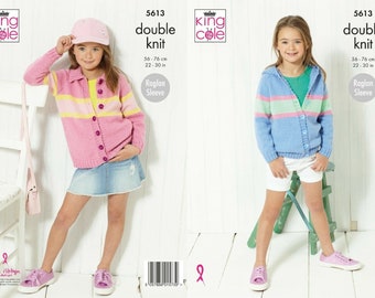 Girls Cardigan and Hoodie Knitting Pattern , King Cole 5613,  DK , 22-30 inch, easy knit sweater, hooded jacket