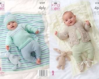 King Cole Baby's Blanket, Matinee Jacket, Sweater, Bootees & Hat Knitting Pattern 6169 - 4 Ply King Cole Baby's Blanket, Matinee Jacket, Sweater, Bootees & Hat Knitting Pattern 6169 - 4 Ply