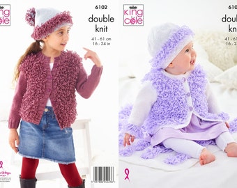 Looped Cardigan, Hat and Blanket Knitting Pattern in DK. King Cole 6102 , loopy knit