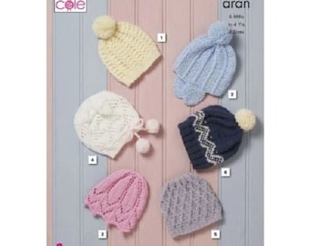 Baby & Childrens Hats Knitting Pattern in King Cole Comfort Aran , King Cole 5544, 6 designs , 6 months to 4 years,