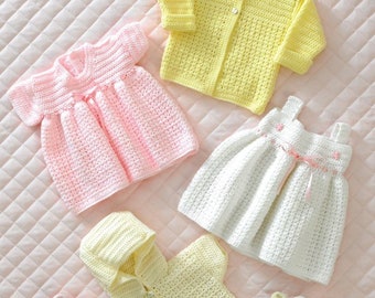 Baby Cardigan, Jacket & Dresses Crochet Pattern, King Cole ,3152, baby girl dress, hooded jacket, pinafore dress