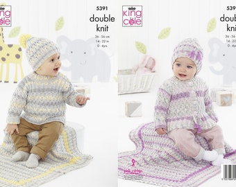 Cardigan,  Sweater , Hats , Blanket Knitting Pattern in Drifter For Baby DK, King Cole 5391 Knitting Pattern