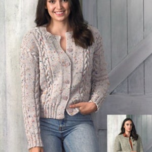 Ladies Cardigan Knitting Pattern. James C Brett JB761 in Rustic Aran. cable effect