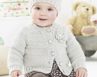 Baby Cardigan and Hat Knitting Pattern in Sirdar Snuggly DK, Sirdar Knitting Pattern 1402.