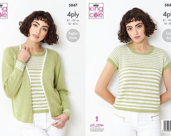 Women s Cardigan and Cap Sleeved Top Knitting Pattern in Giza Cotton 4 Ply, King Cole 5847 Knitting Pattern,summer twin set