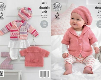 Babies Cardigan and Beret Knitting Pattern, King Cole 4192,  easy knit ,DK pattern, to fit 16 -26 inches, girls knitting pattern