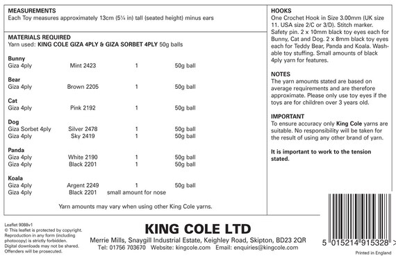 King Cole 9088 Cute Cuddly Animals 4 Ply Crochet Pattern