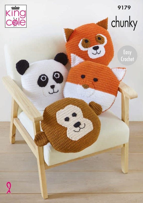 King Cole Animal Cushions 'Easy' Crochet Pattern 9179 - Chunky King Cole Animal Cushions 'Easy' Crochet Pattern 9179 - Chunky