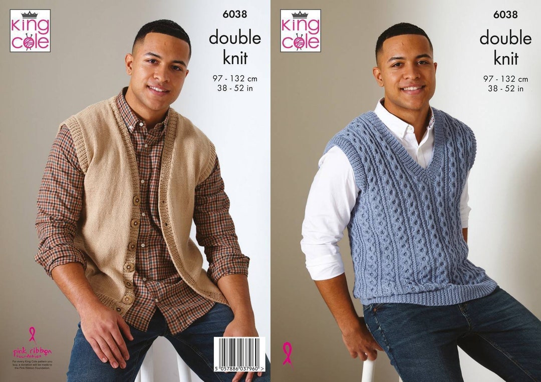 King Cole Men's Cotton Waistcoat & Sweater Vest Knitting Pattern 6038 - Double Knit King Cole Men's Cotton Waistcoat & Sweater Vest Knitting Pattern 6038 - Double Knit